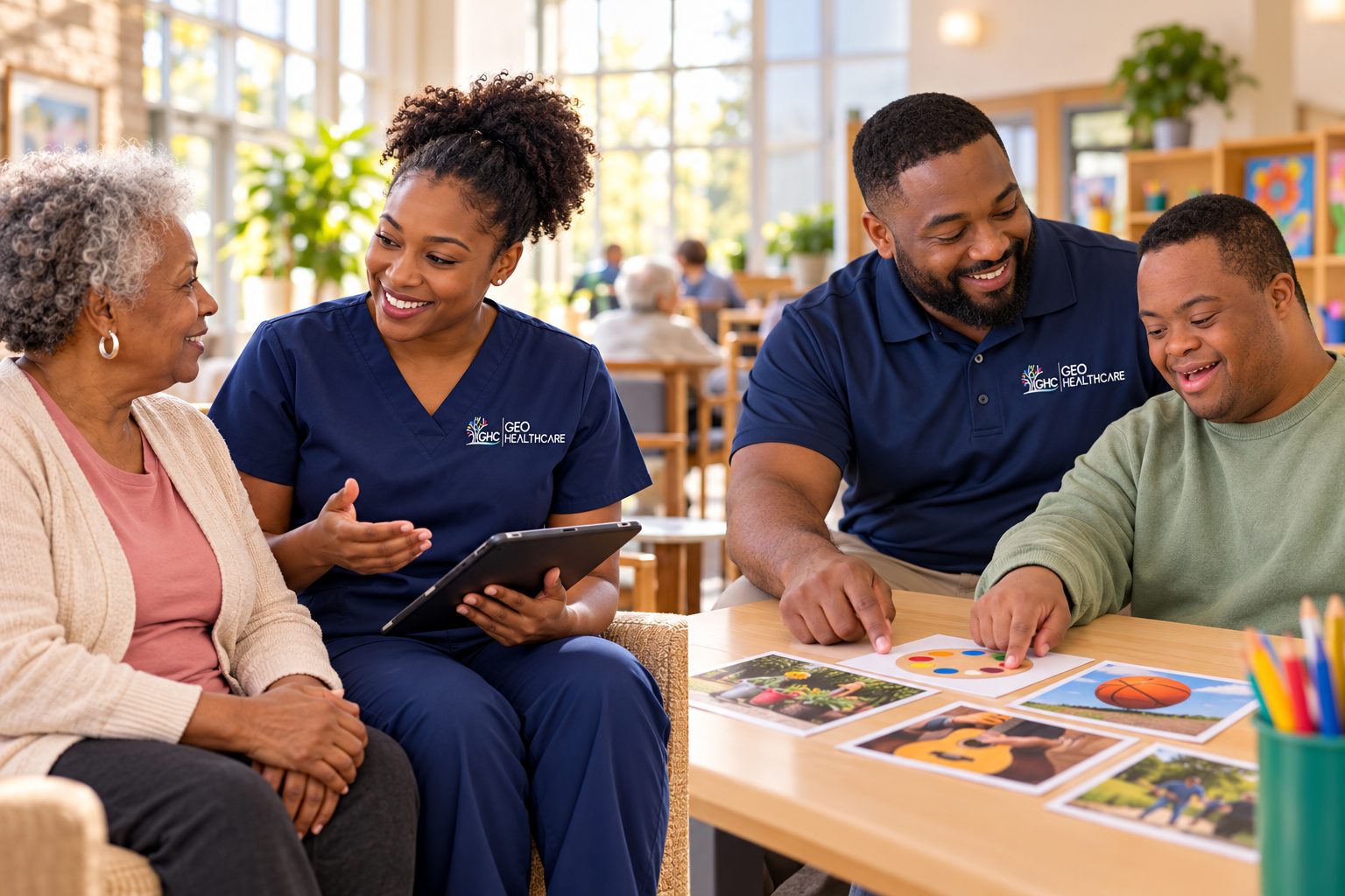 A Geo HealthCare coach working through goal picture cards with an individual and older family member