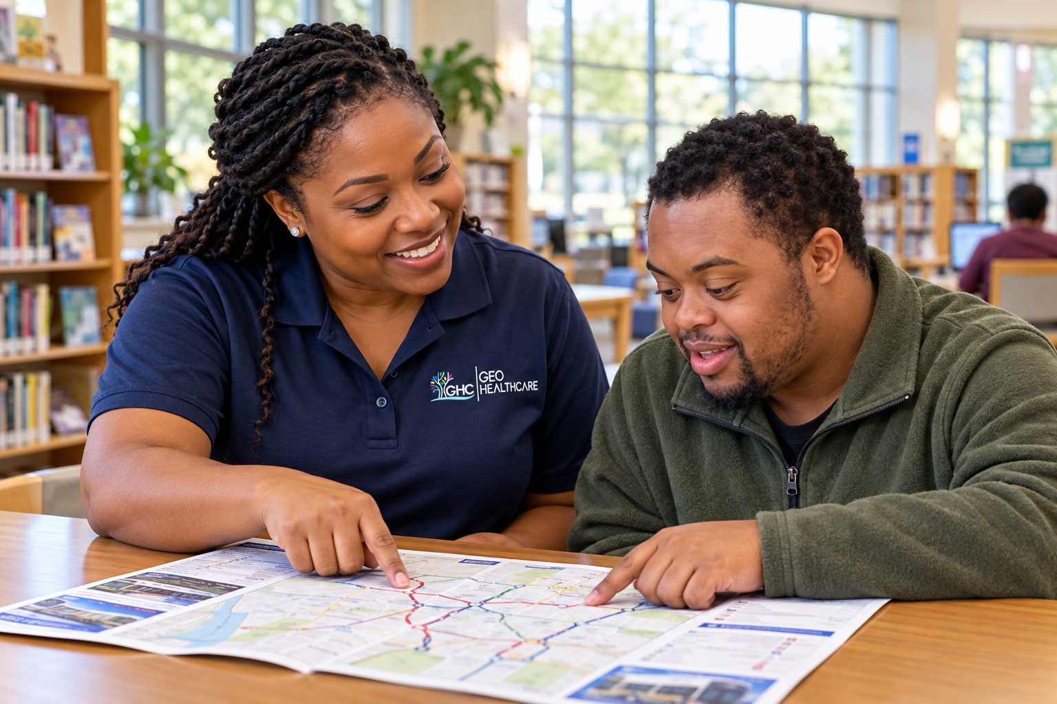 A Geo HealthCare support worker reviewing a transit map with an individual at the library