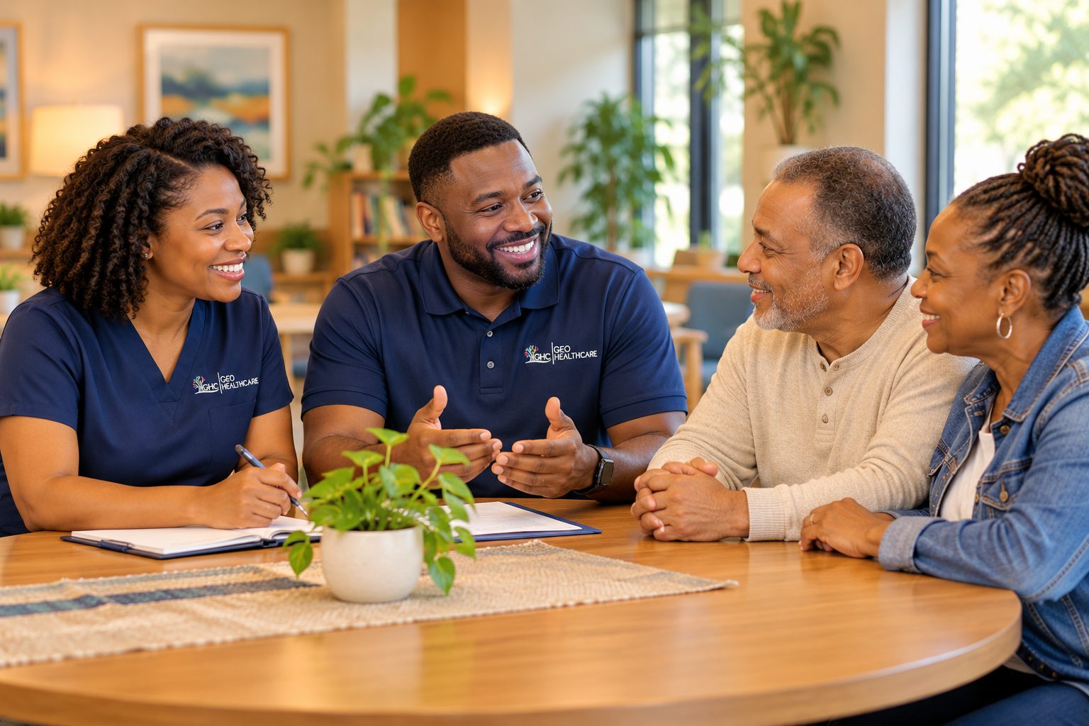 Two Geo HealthCare staff members meeting with an older couple at a table to plan their care